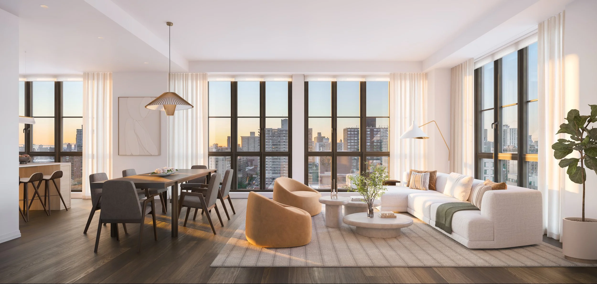  Organic materials become a focal point in each home with open-plan living rooms that display extra-wide, 7.5-inch European white oak flooring and lead out into Juliet balconies or terraces with arched, custom-designed, bronze-finished balusters in s