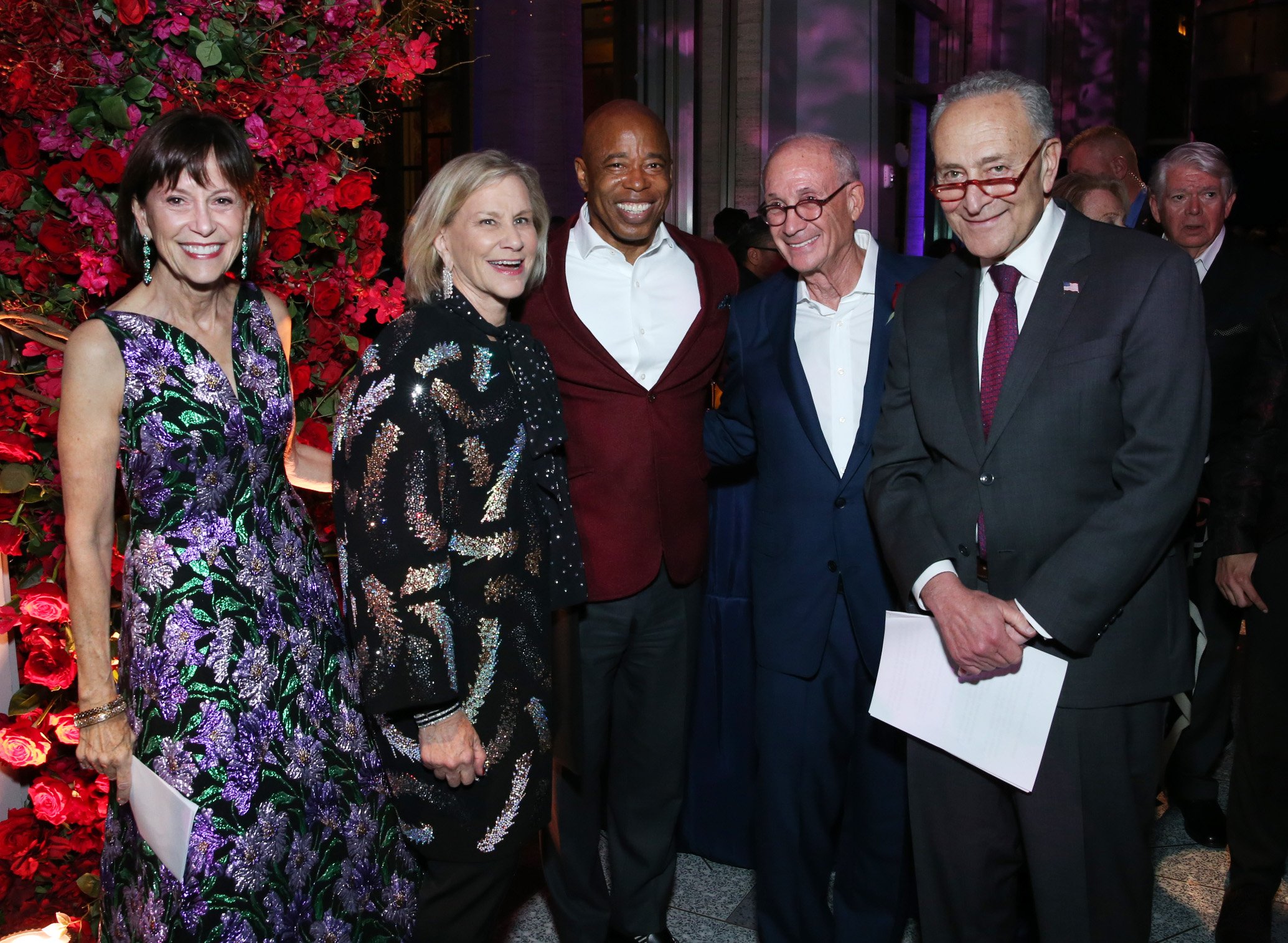  Katherine Farley, Laurie Tisch, Mayor Eric Adams, Peter May and U.S. Senator Chuck Schumer. 