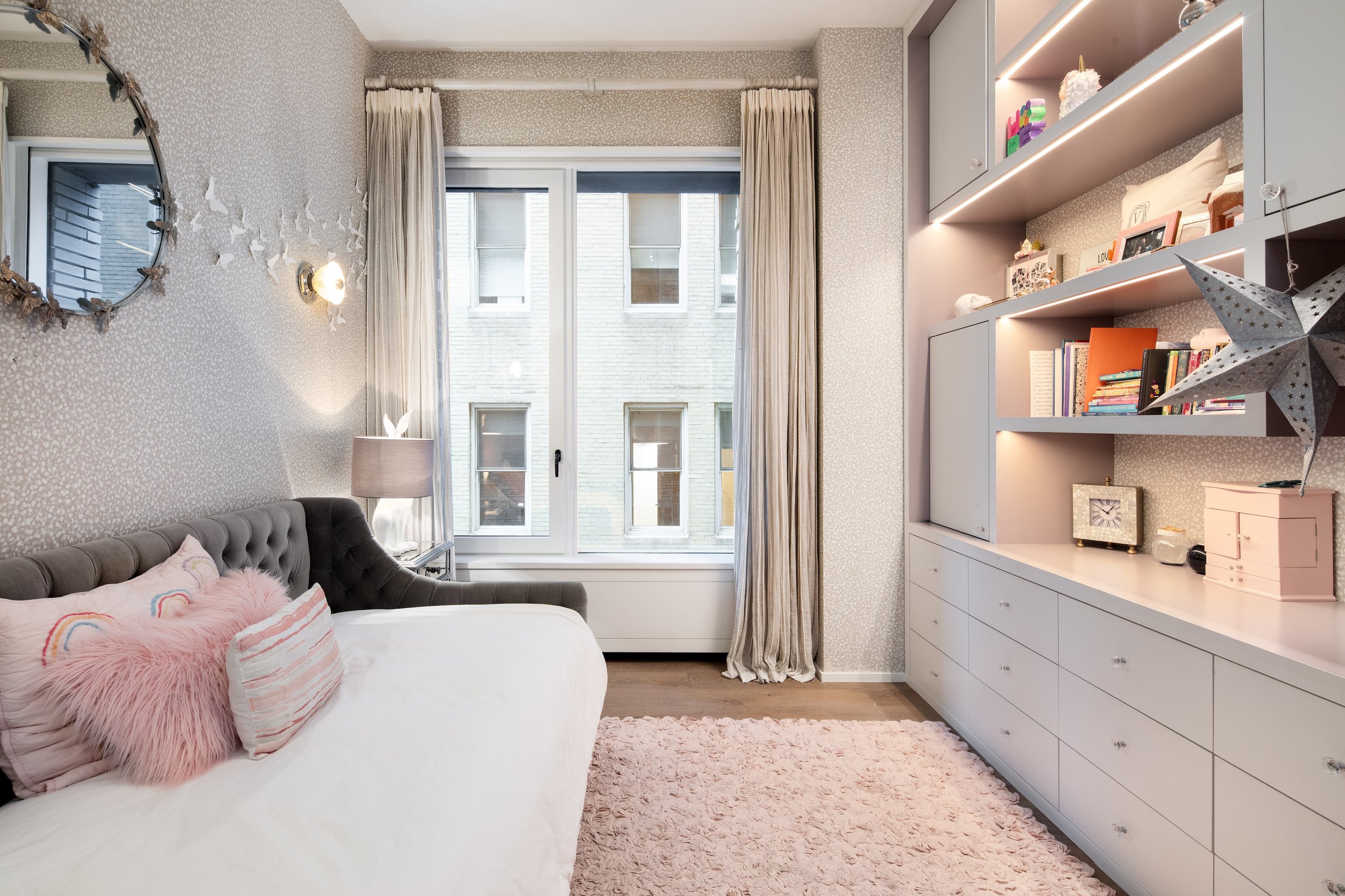  The second and third grand-scale Bedrooms, currently children's rooms, share a sweet and spacious Bathroom clad with a double vanity, Duravit bathtub, Ann Sacks tile floors and Hansgrohe fixtures in polished chrome. The fourth Bedroom has an ensuite