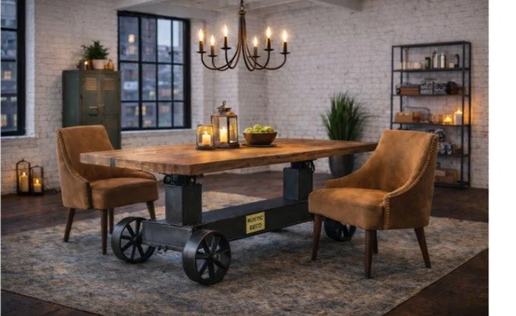 Rustic dining room with a wooden table and greenery accent