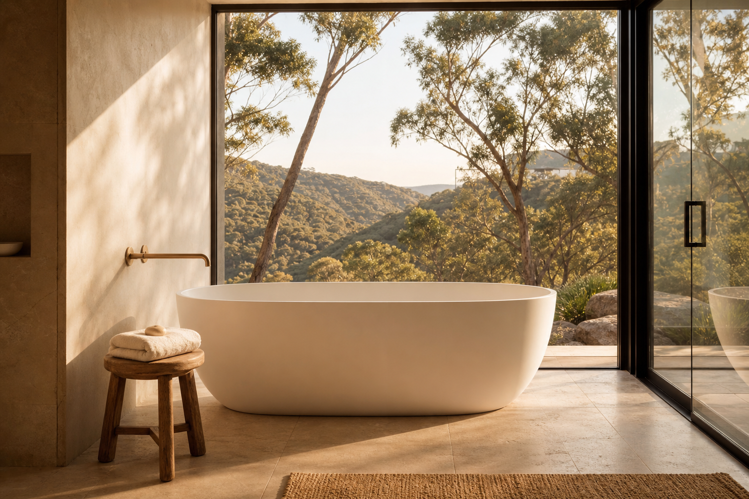 Modern bathroom with tub overlooking serene mountain view