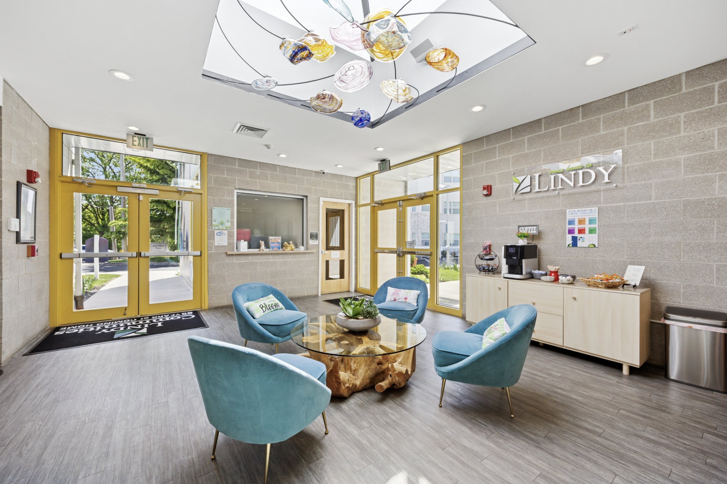 Modern resident lobby at The Enclaves in South Philadelphia