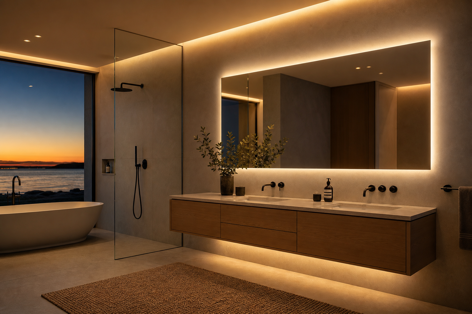 Modern bathroom with elegant sunset view
