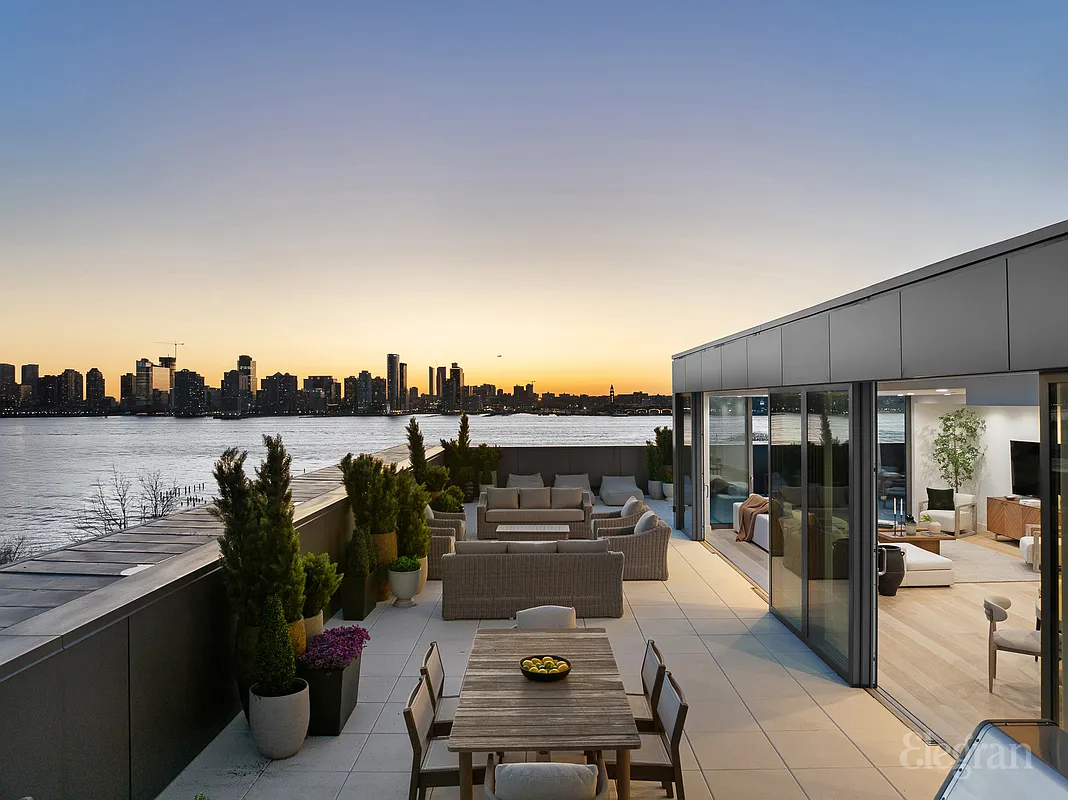 150 Barrow Street, PHA: Wide private terrace with Hudson River views at 150 Barrow Street penthouse in the West Village