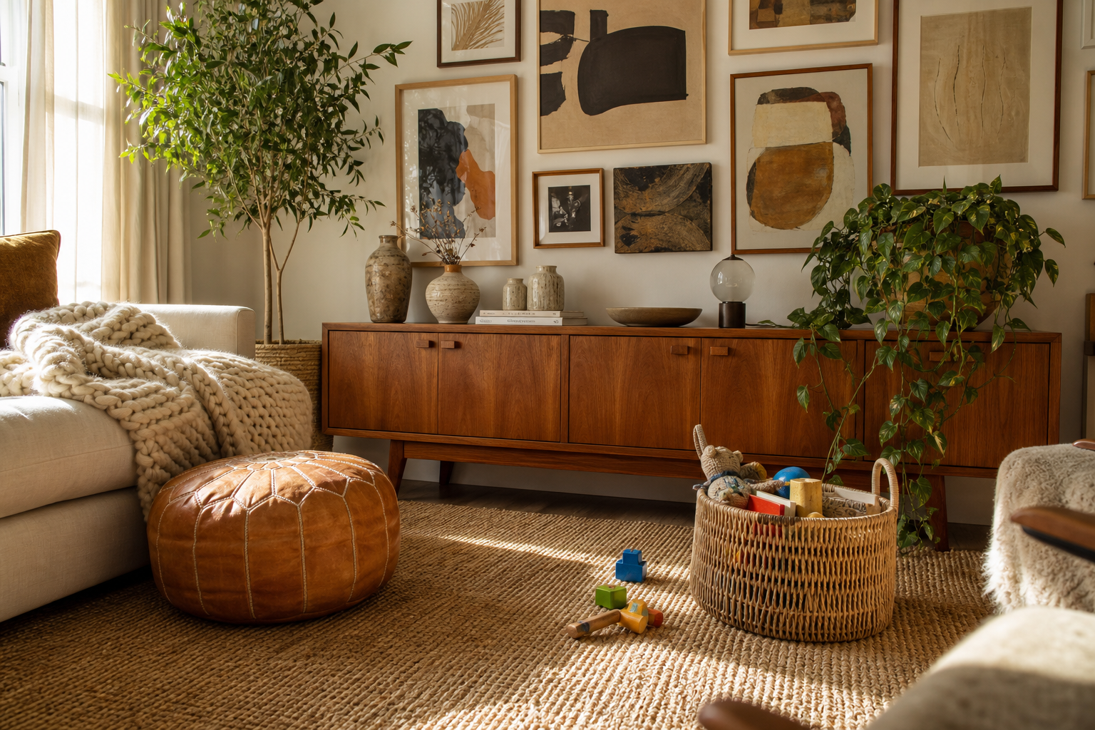 Warm, cozy living room with plants and wooden accents