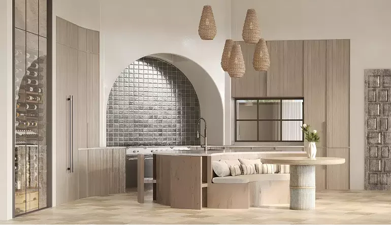 3D visualization for luxury real estate marketing showing a high-end kitchen interior with premium materials.