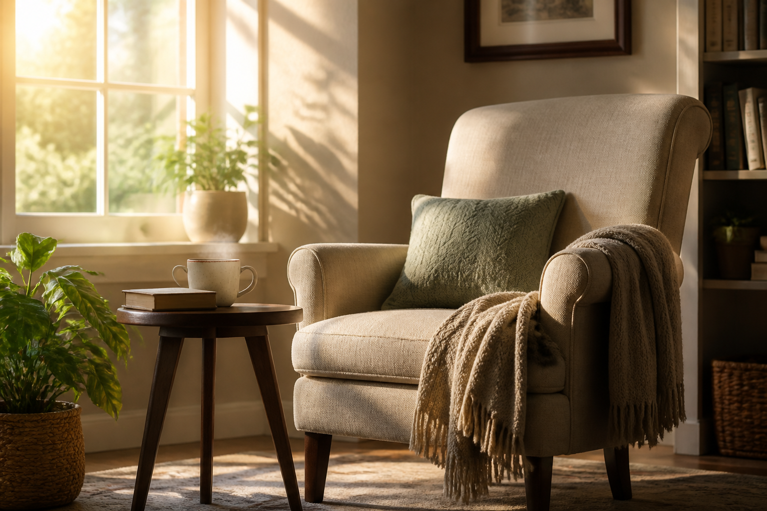 Cozy reading nook with armchair and sunlight