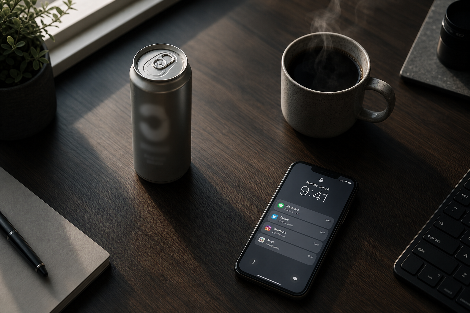Smartphone with notifications beside coffee and soda on desk