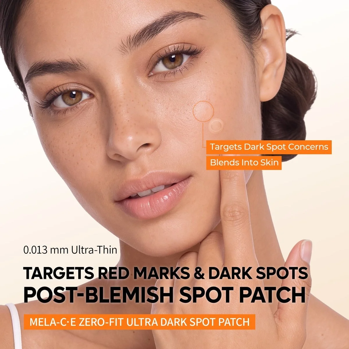Close-up of a woman applying a Dr.Melaxin dark spot patch to her cheek