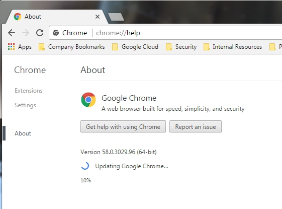 If you need an update, the About menu will prompt Chrome to update.