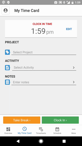 Choose a project and phase, then Clock In.