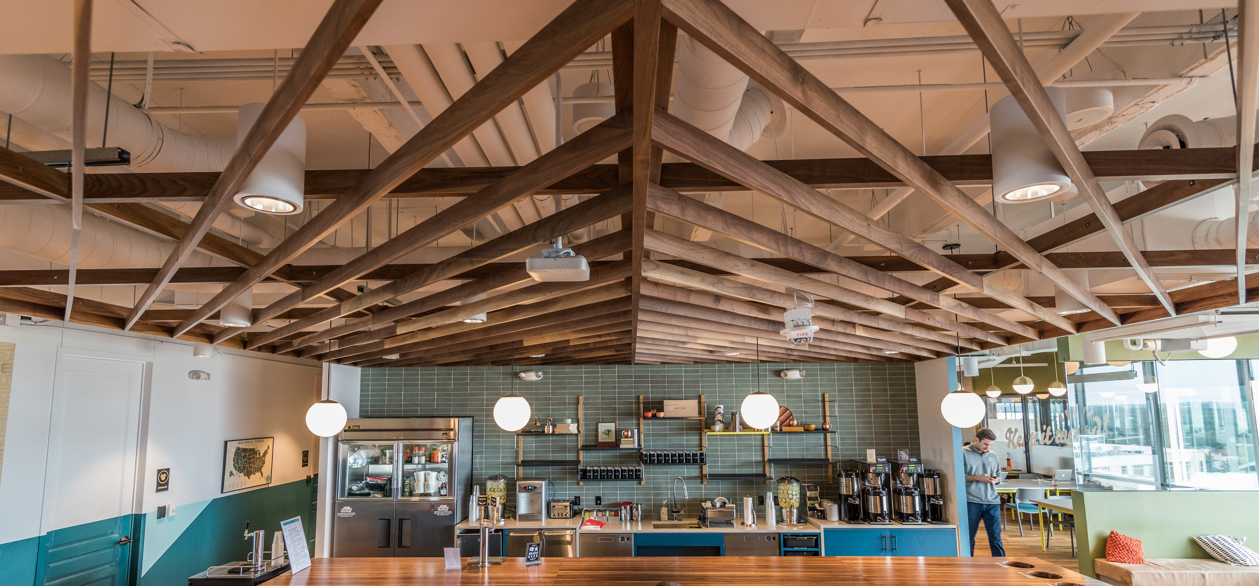 WeWork University Park's shred kitchen, with no shortage of architectural detail.