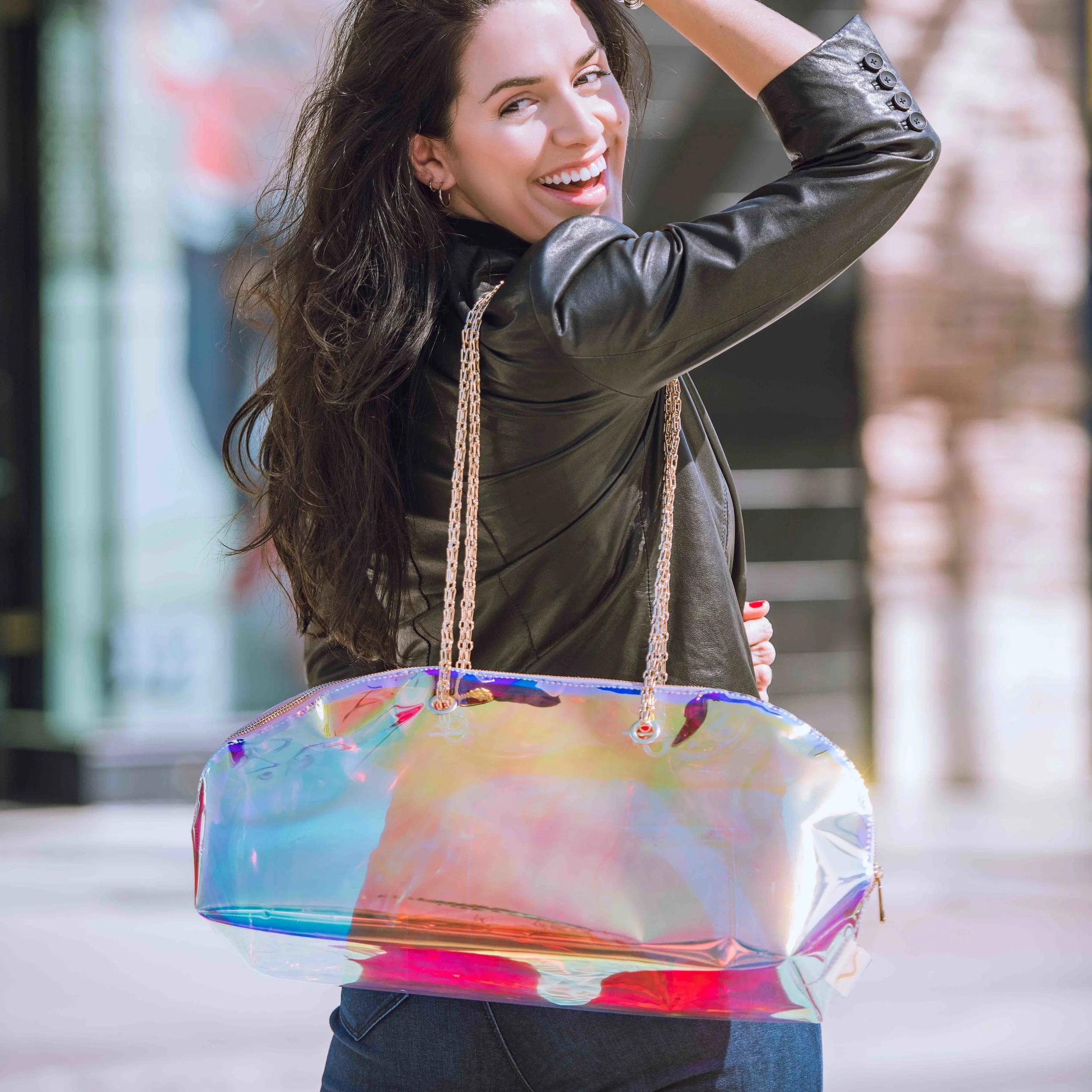 holographic bag cosmetic bag iridescent bag TPU handbag hand bag purse holographic purse accessory makeup fashion trendy vere holographic vere everlasting vere prism