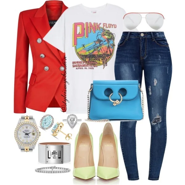 Style Inspiration Comic Con Balmain Blazer Junk Food Pink Floyd T-Shirt Christian Louboutin So Kate Pumps JW Anderson Pierce Mini Leather Bag.jpg
