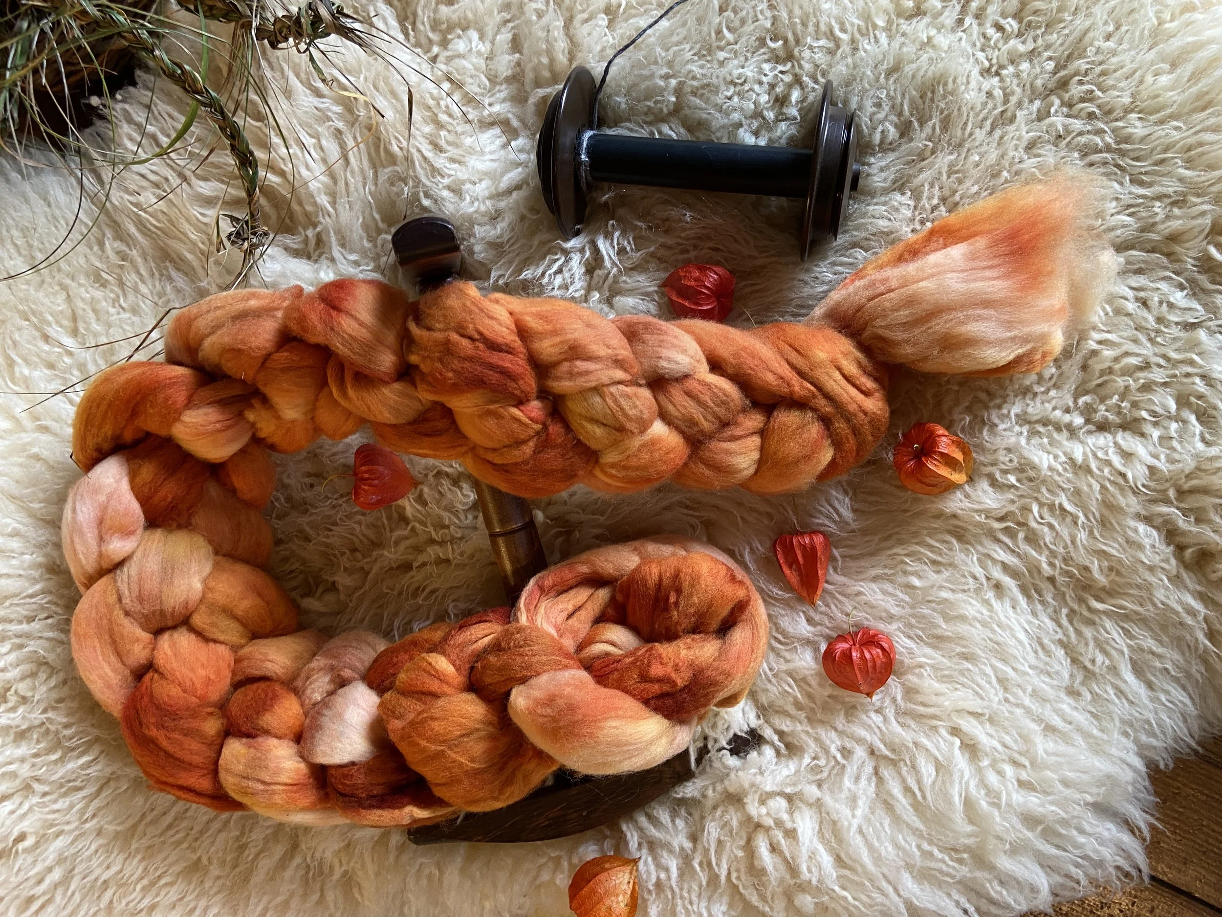 Hand Dyed Rambouillet | OOAK | Wool Roving For Spinning, Felting and Weaving | Pumpkin