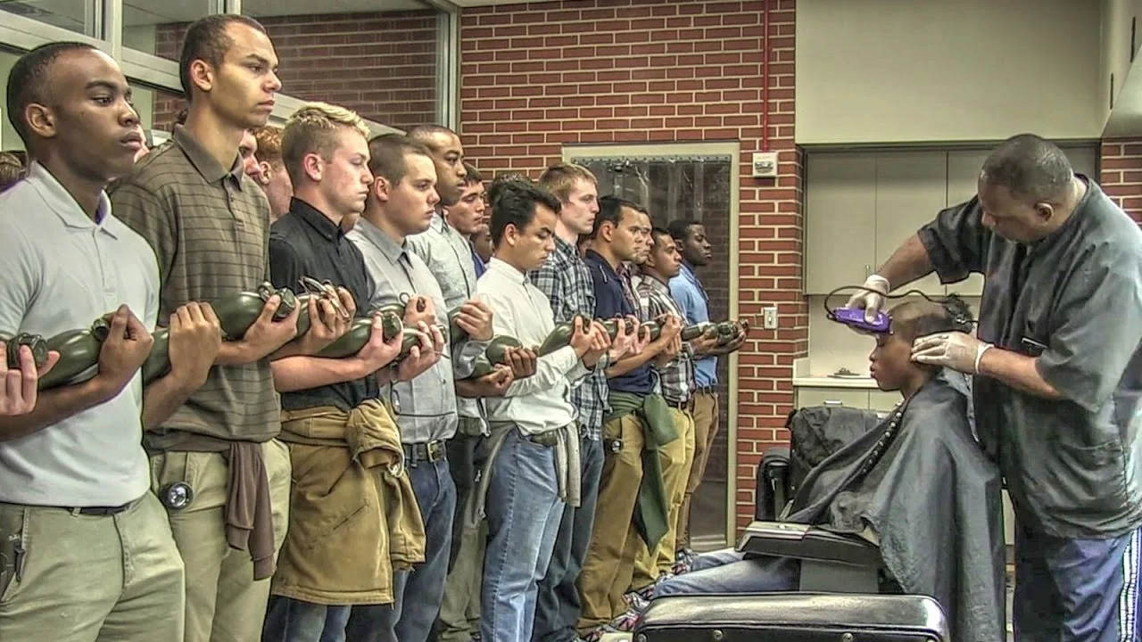 Recruits waiting to get their hair cut