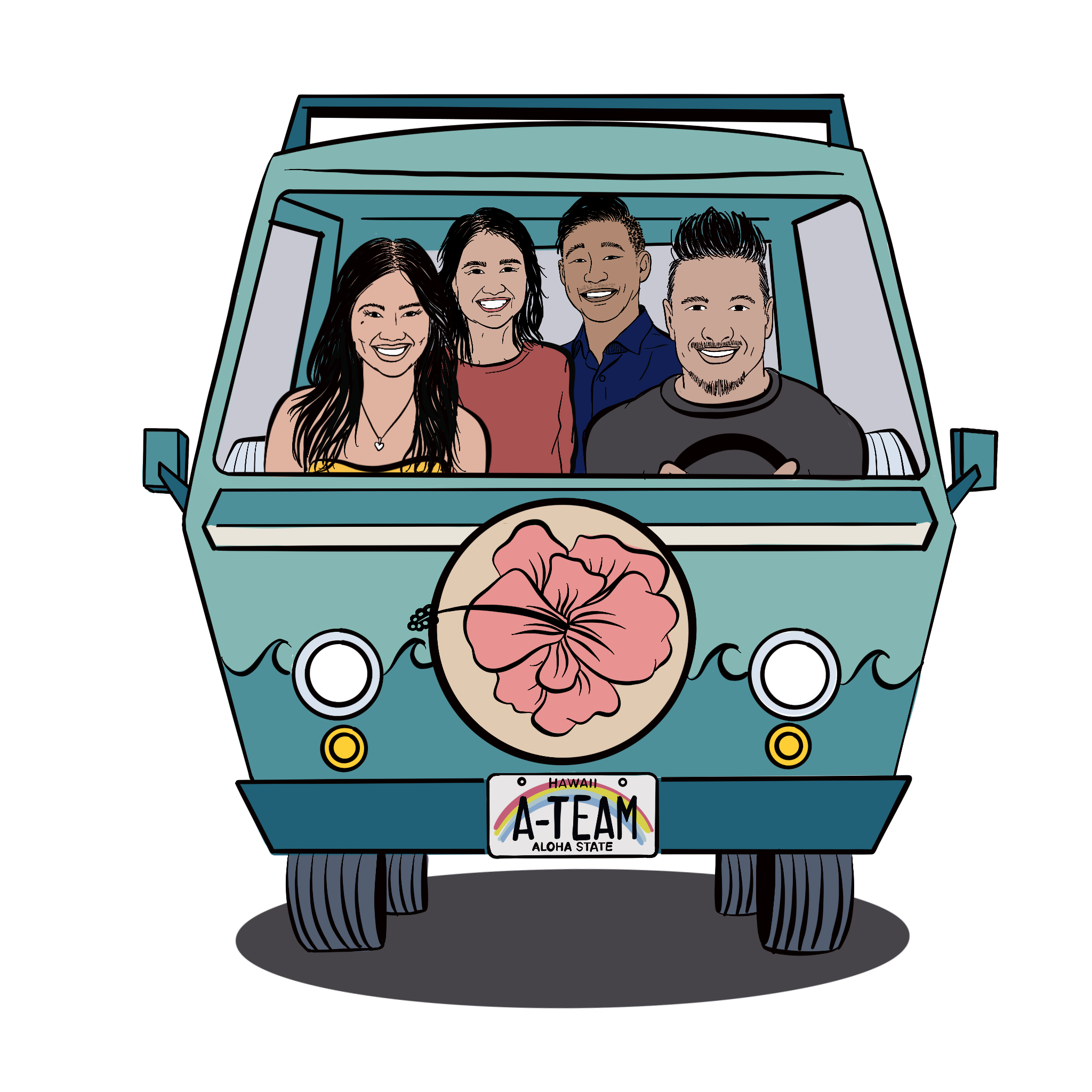 A group of 4 folks in a mini van, vibing. 

I created this for a client who wanted to showcase her team's personality. After time getting to know the client and brand I was able to create this illustration for them.
