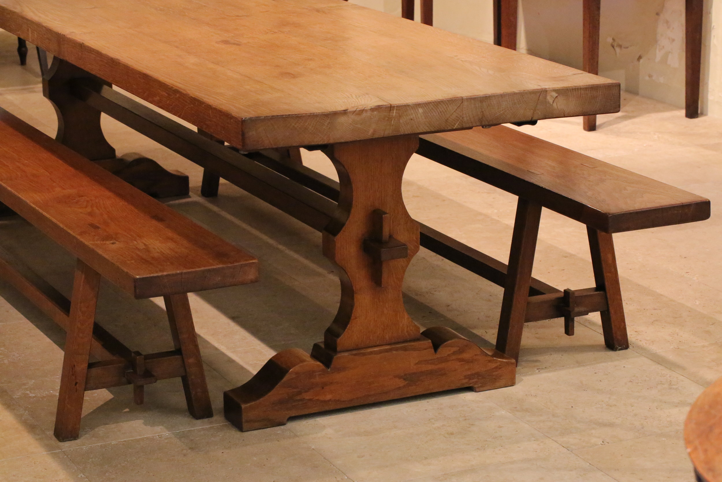 French oak dining table and benches