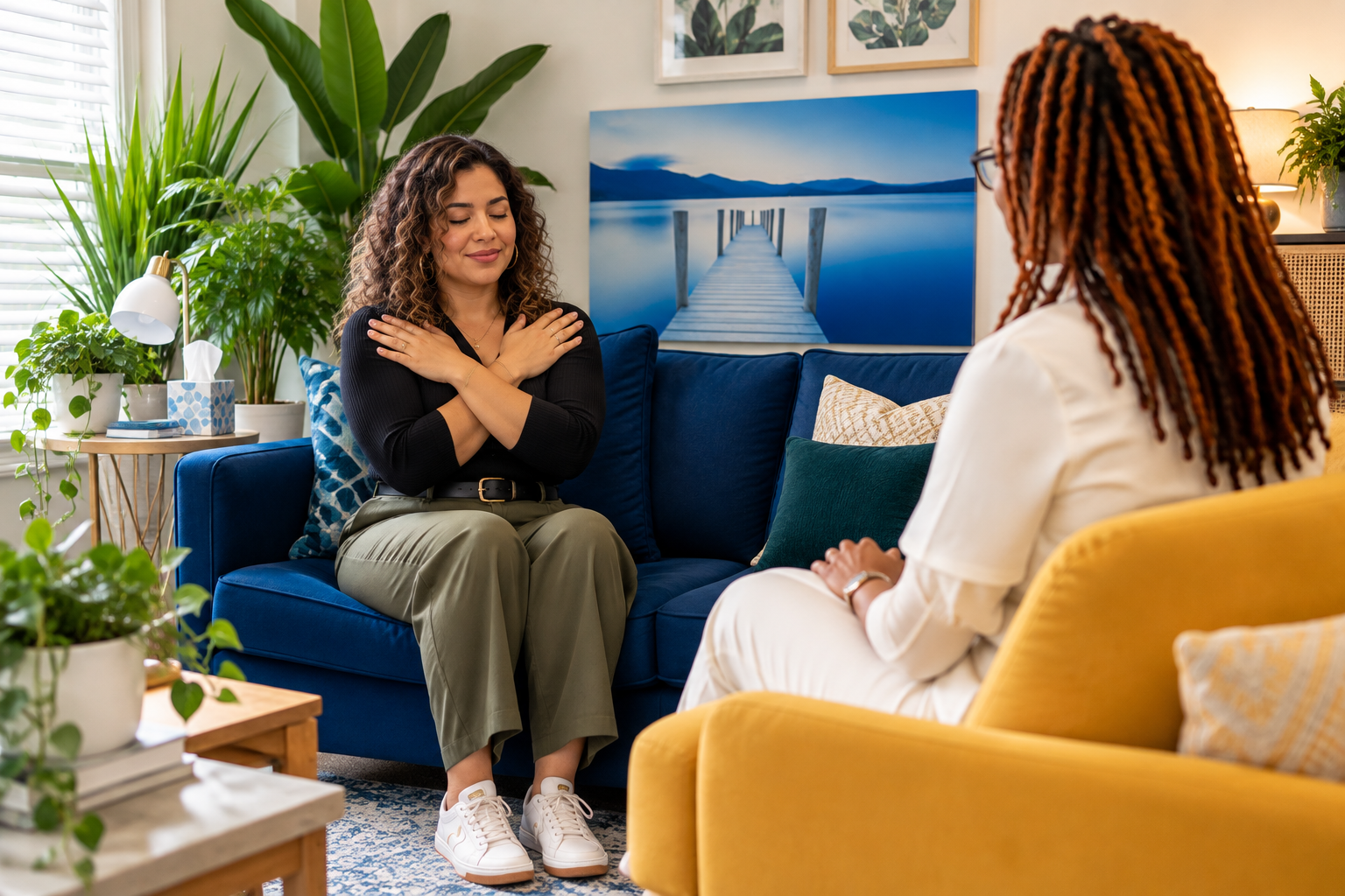 Latina woman practicing the butterfly hug bilateral tapping technique during an EMDR therapy session with a Black female therapist