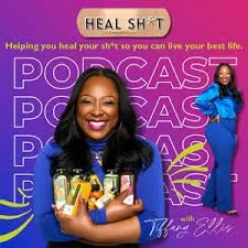 Cover of a podcast titled " Heal Sh$t" with Tiffani, A black woman holding a gift basket, smiling, with a purple and yellow podcast promotion background featuring her photo.