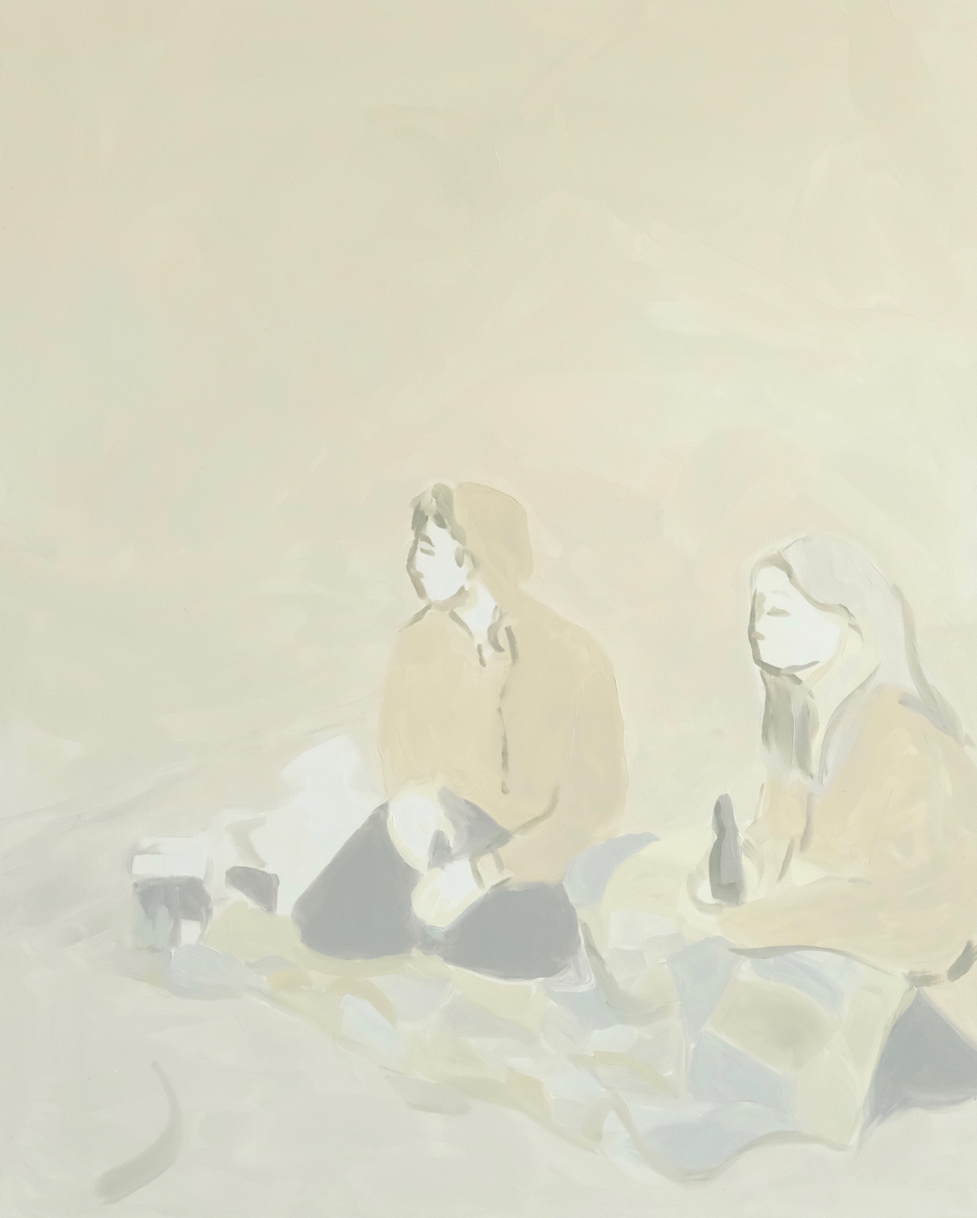We dug our hands into the sand to find pockets of warmth, deep down, and smooth stones that fit in our palms. 2018. Oil on board.