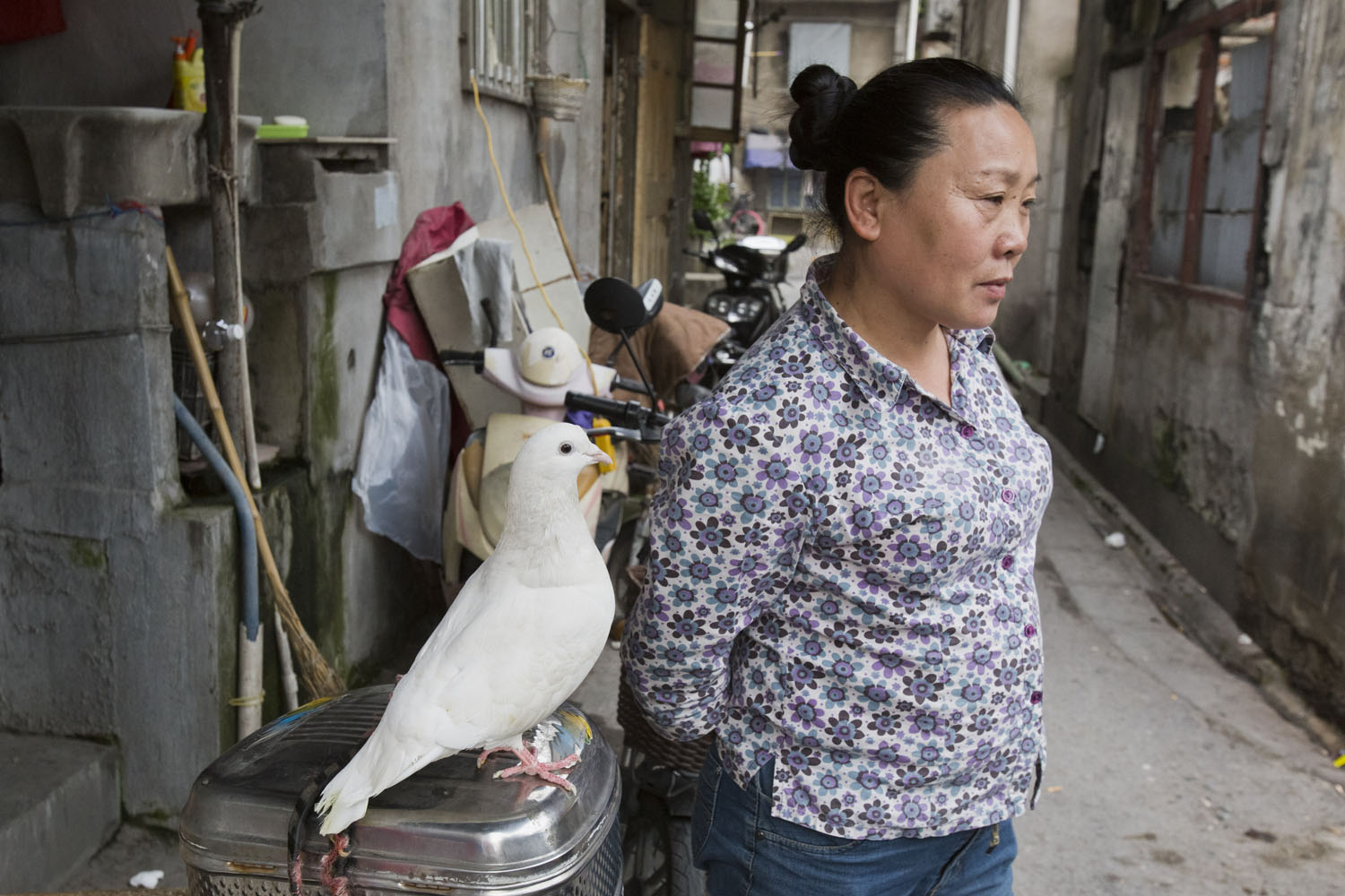 Woman stands with a bird, outside of her home.  Guangfu Road. Shanghai, China. 2016.
