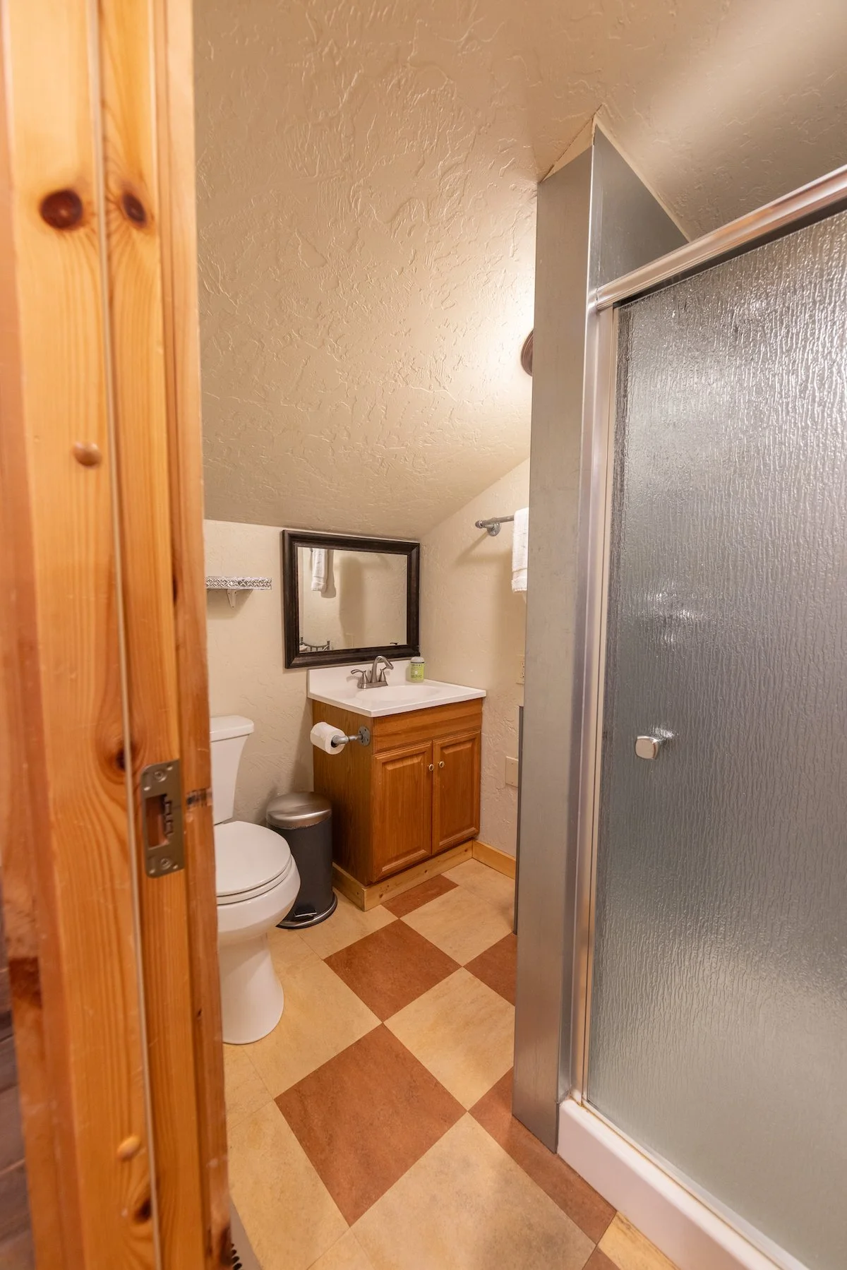 A small bathroom with a wooden door frame, a toilet, a small wooden vanity with a white sink, a mirror above, a trash can, a silver toilet paper holder, and a frosted glass shower door. The floor has a checkered pattern of tan and brown tiles.