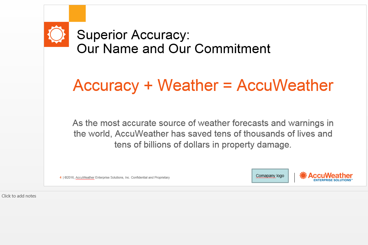   ACCURACY + WEATHER = ACCUWEATHER The old version of this slide - unappealing and plain.  