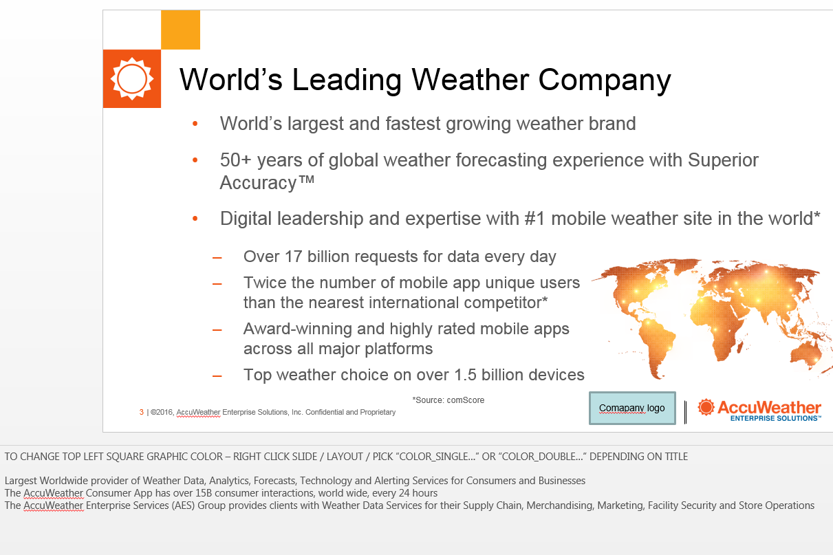   WORLD'S LEADING WEATHER COMPANY Here is an example of how we used to display information regarding AccuWeather's position as the World's Leading Weather Company.  