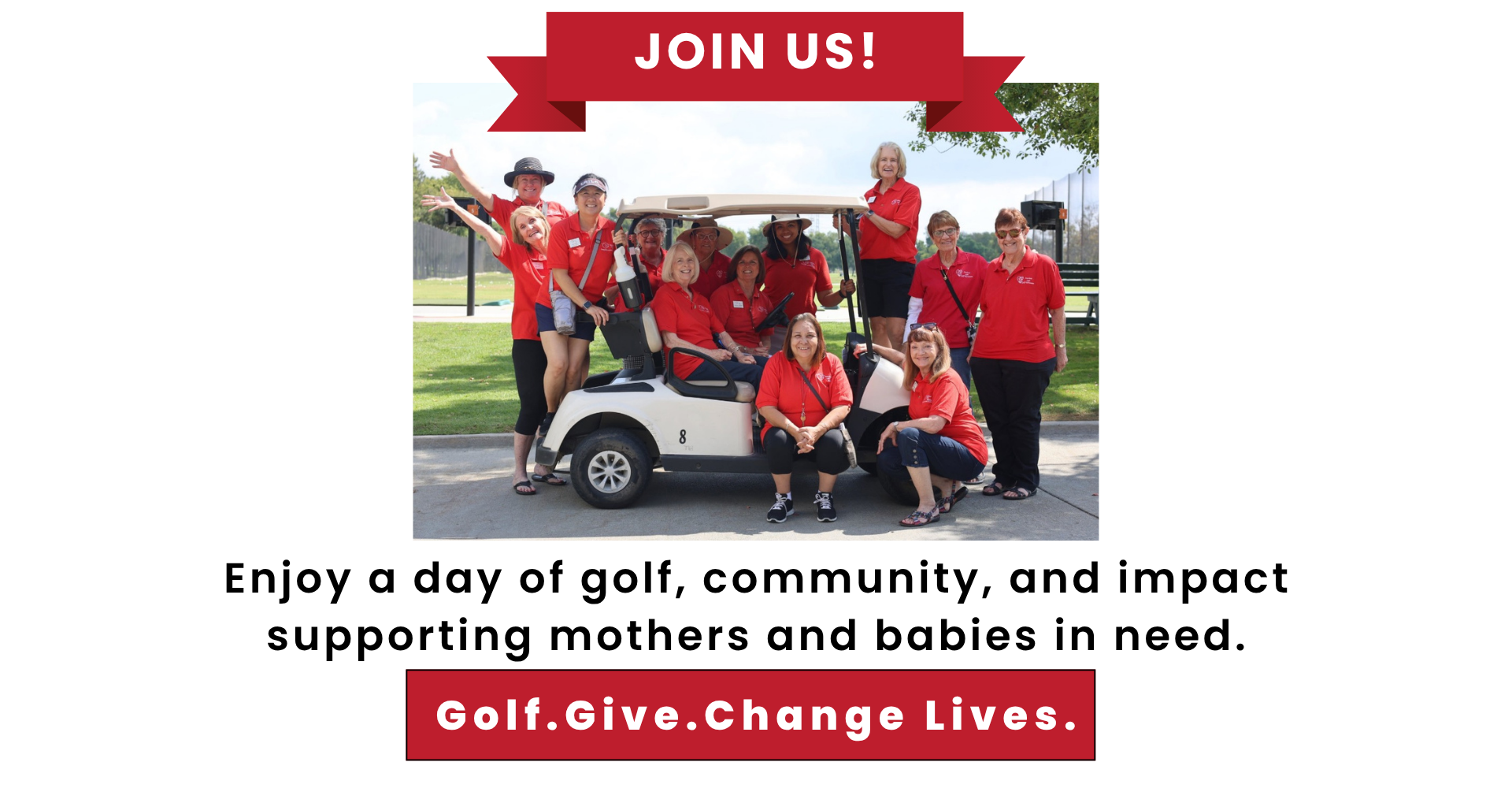 A group of women wearing red shirts gathered around a golf cart outdoors, smiling and posing for a photo.