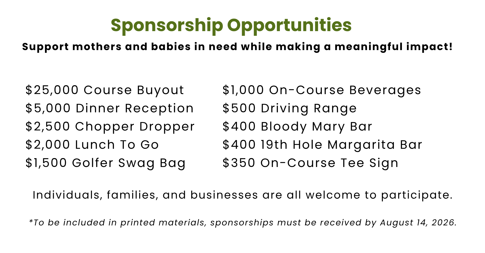 A flyer titled 'Sponsorship Opportunities' detailing various donation options for supporting mothers and babies, including course buyout, dinner reception, driver range, lunch to go, golf swag bag, drinks, food, golf equipment, and beverage bars, with a note about sponsorship deadline.