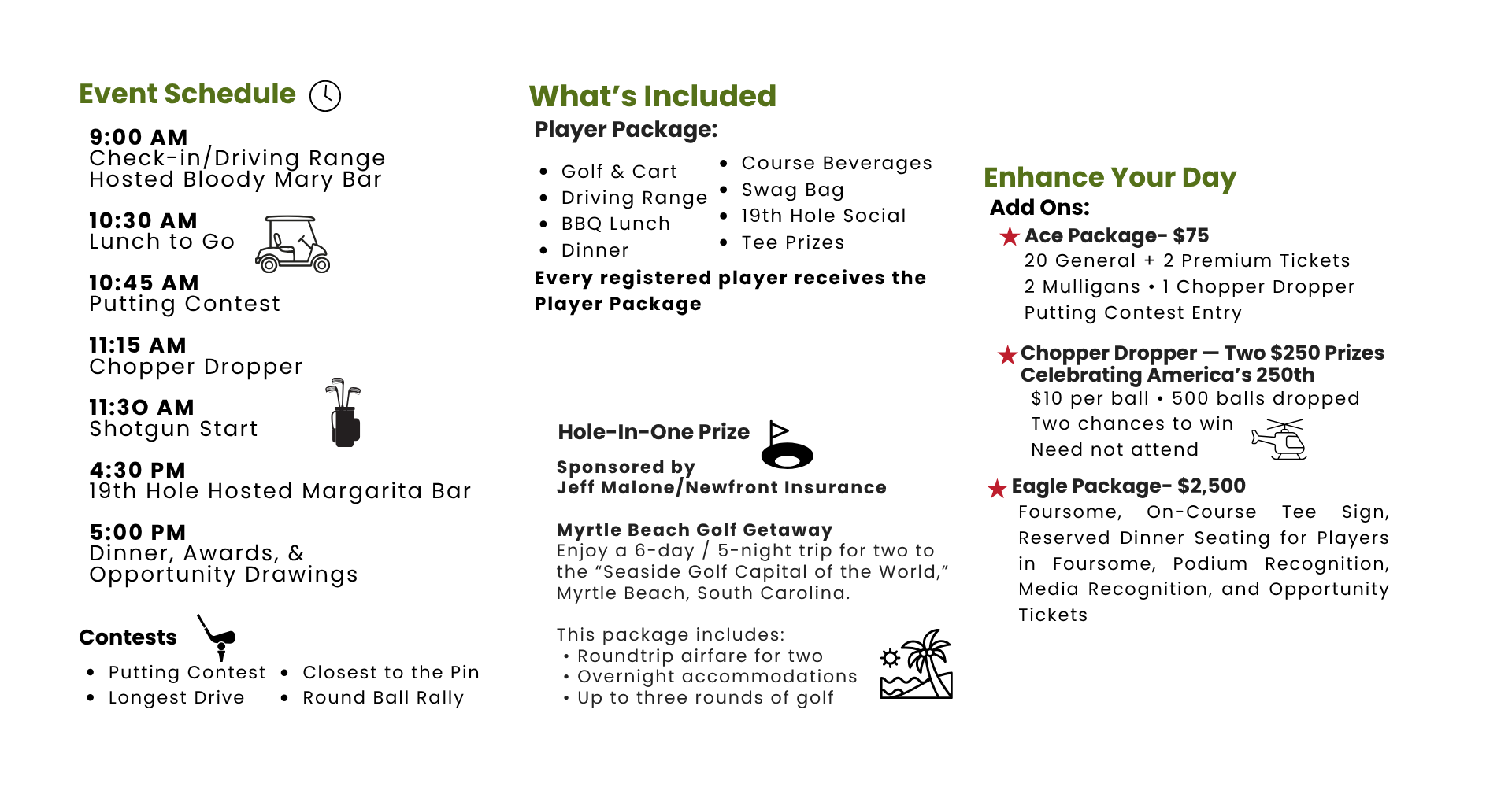 Event schedule and promotional information for a golf event, including activities, times, contests, and add-on packages.