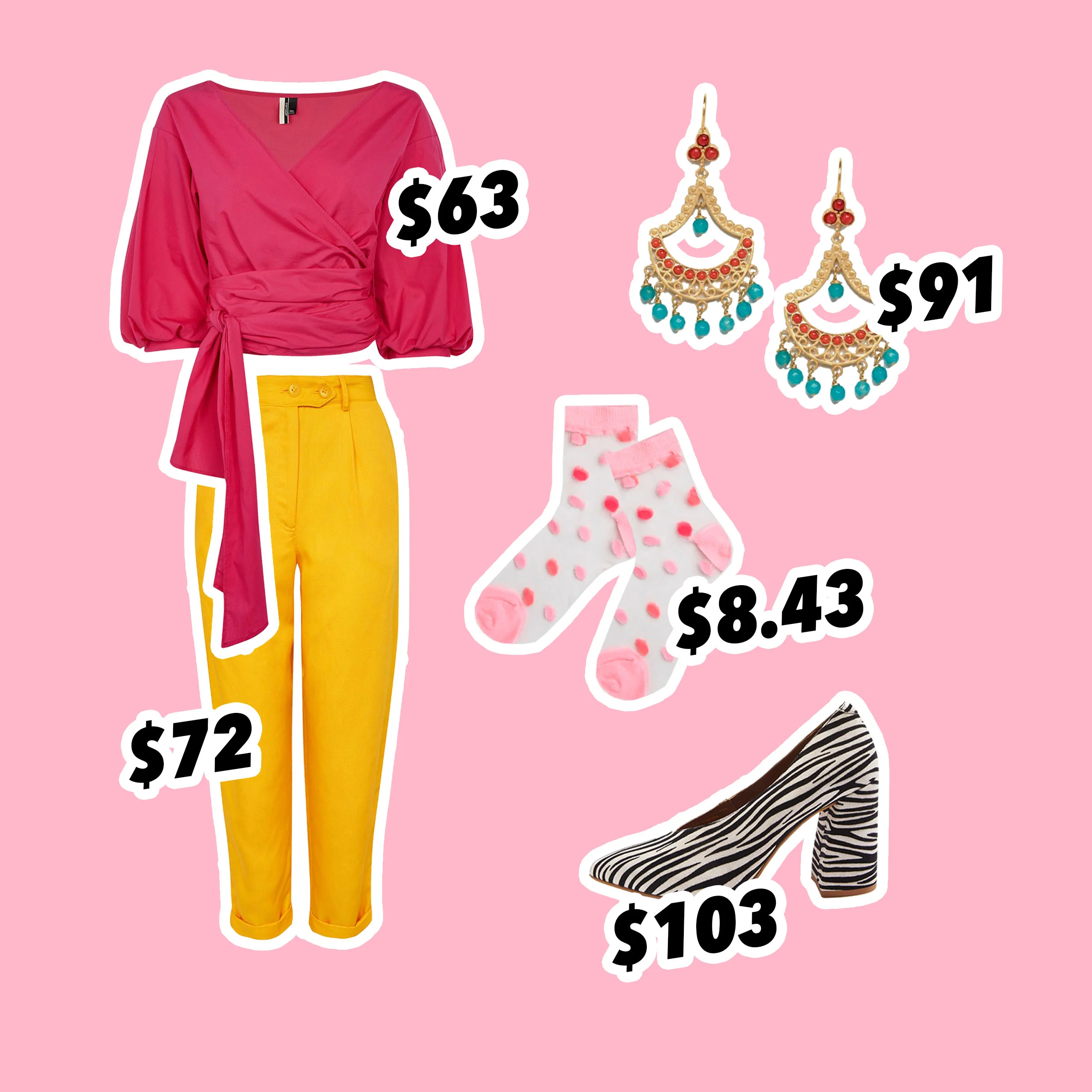 Mensy Peg Trousers £39.00, Puff Sleeve Poplin Wrap Top £34.00, GINA V-Cut Flare Block Heel Court Shoes £56.00 Ottoman Hands Exclusive Statement Beaded Drop Earrings NZD$ 90.87