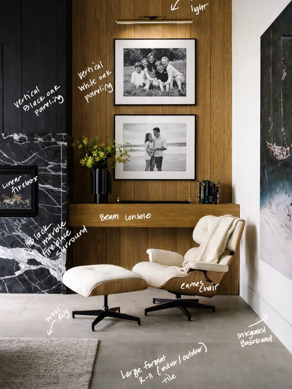 This little corner of a primary bedroom is where personality quietly shows up, and selecting the art is one of my favorite parts of the process with a client.

We talk through what feels meaningful first. Family photos that tell their story. Landscap