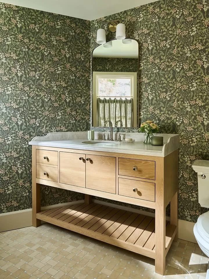 This was quite the glow up, this bathroom is taking all the attention for the way we custom created this vanity to accommodate the angled wall. We built this vanity like a free standing vanity but honestly it&rsquo;s very built in.
