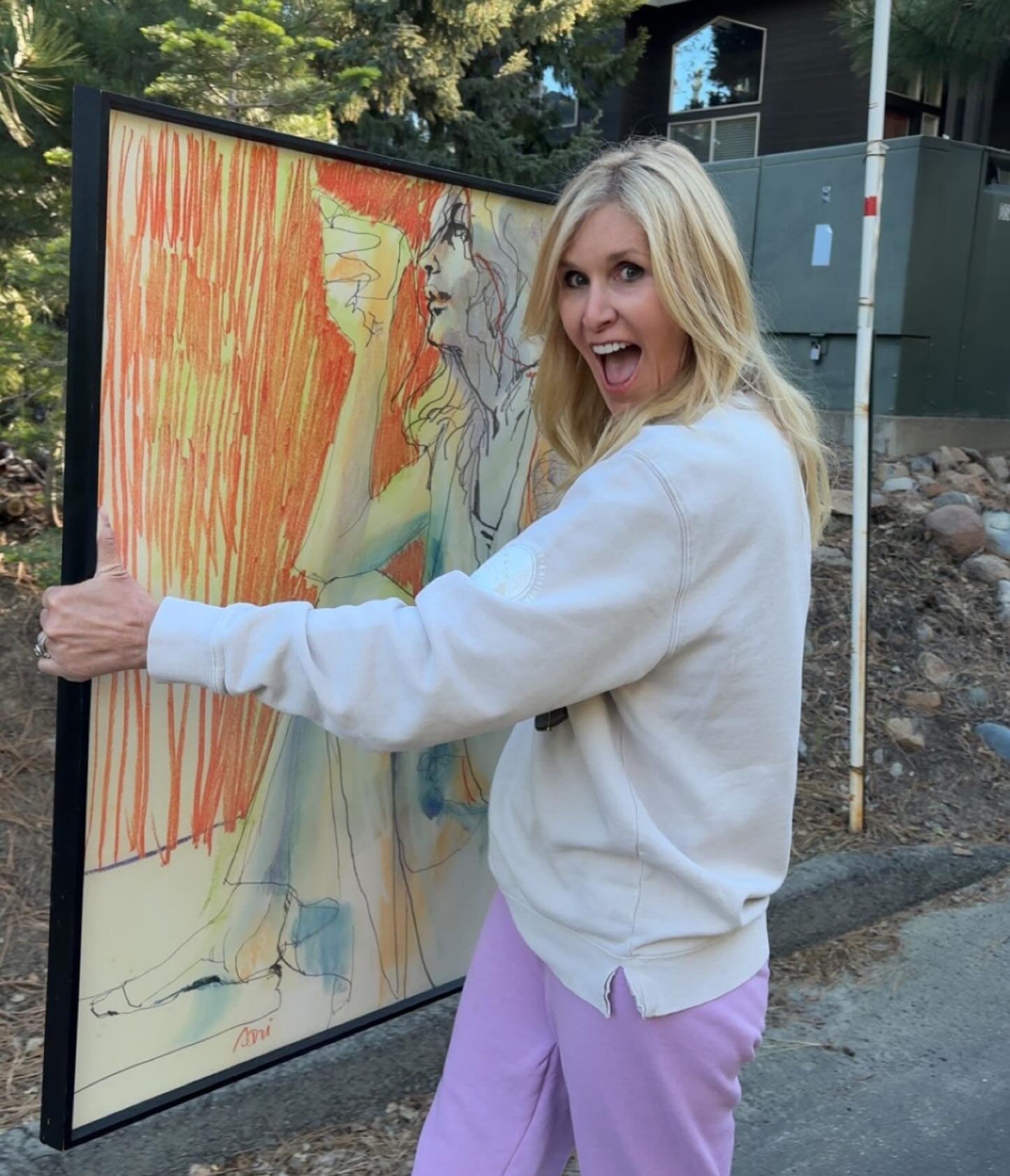 My sweet aunt lives right behind me in Tahoe and tonight I was gifted a painting that I have admired for years that hangs in her kitchen, the style, the colors, every time I see it, I swoon. I was NOT expecting her to give it to me and I will cherish