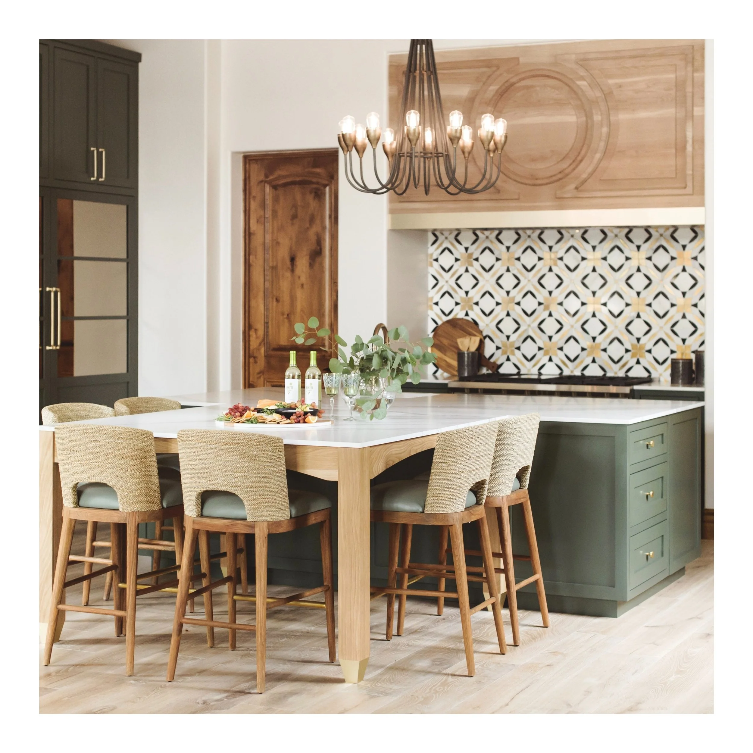 white oak hood, green cabinets kitchen, texture kitchen, quartz countertops, green and wood kitchen mirrored refrigerator