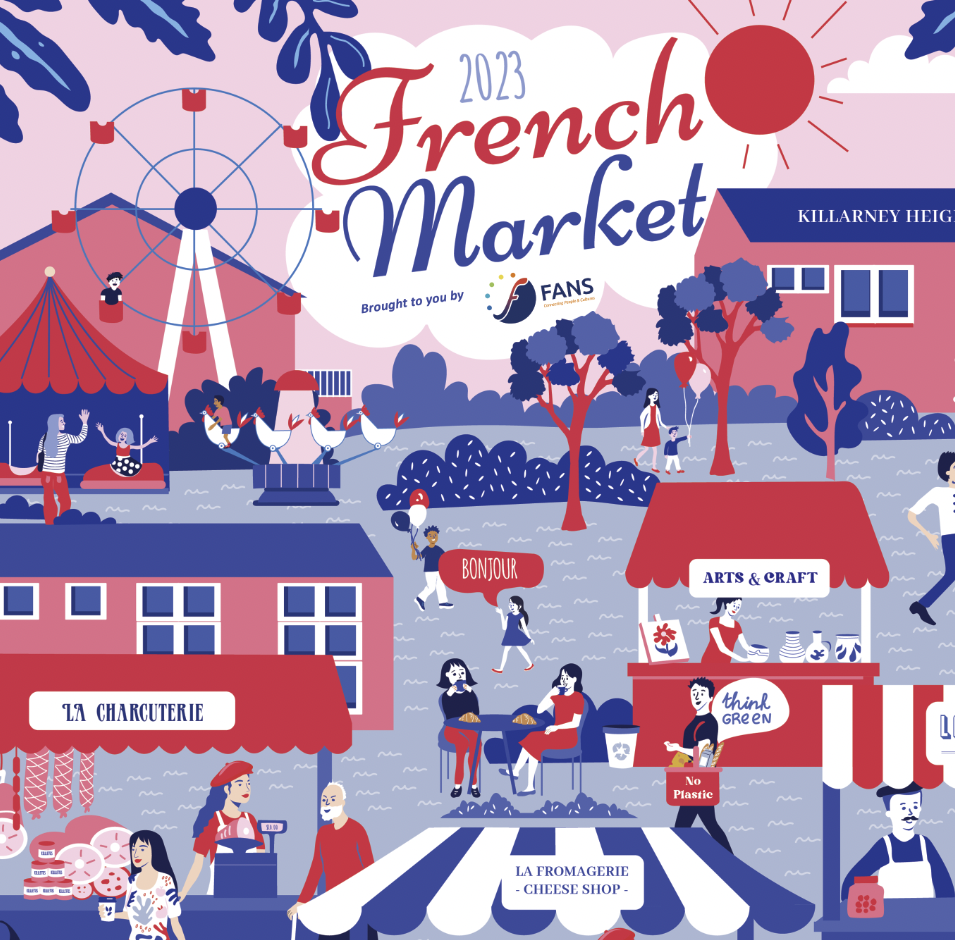 Illustration of a French market scene for FANS by Creative Director - Designer - Artist Aurélie Perthuis Furzer