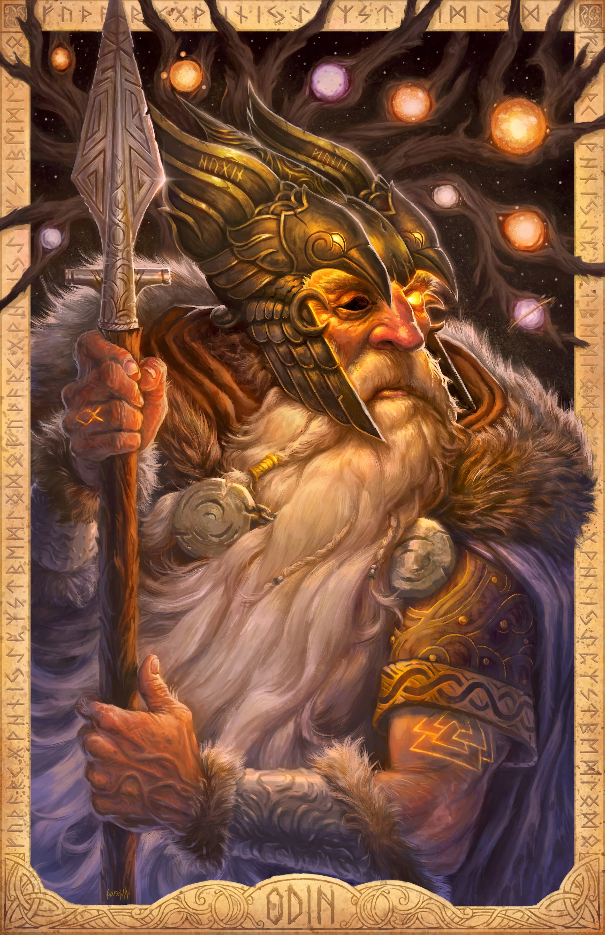 The first in my series of Norse gods! With the great World Tree Yggdrassil behind him, Odin looks upon the cosmos, ever in search for more wisdom. Done in Photoshop CS6