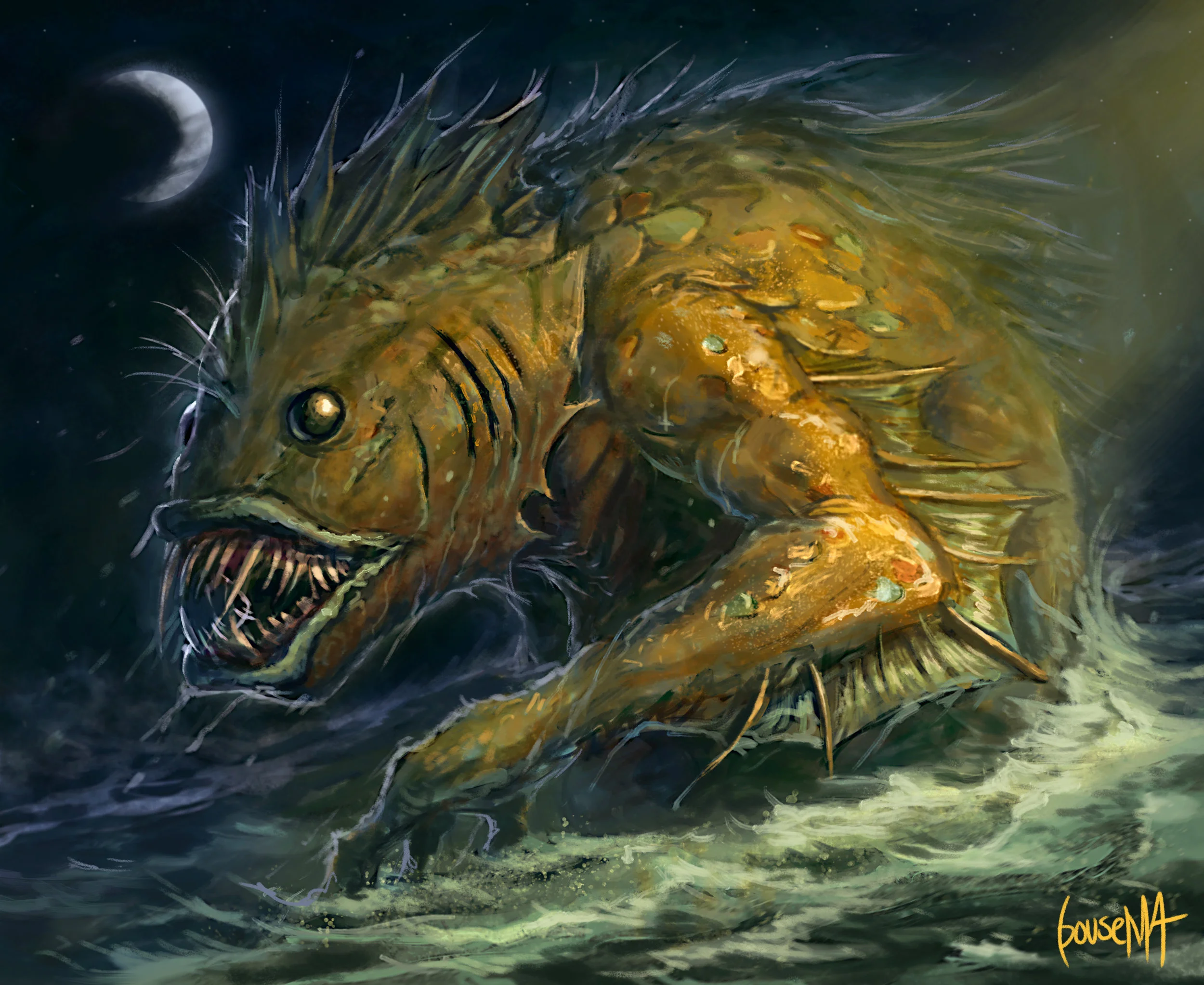 Within the waves lies the freak of the deep, ready to sink his fishy fangs into those who would disturb him Done in Photoshop CS6