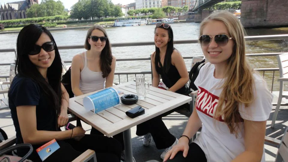 Gymnasts Sasha Lukashova , Esther Chi , Emily Cossar and Janice Dong in Frankfurt Germany .