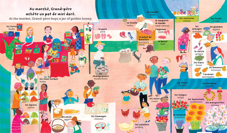 My Big Barefoot Book of French and English Words, illustration from bilingual children's literature of an outdoor market