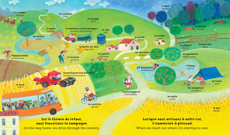 Bilingual children's literature, illustration from My Big Barefoot Book of French and English Words, featuring seek-and-find images of the countryside