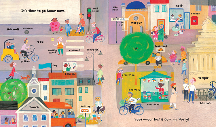 My Big Barefoot Book of Wonderful Words illustration of a street, featuring diverse religions