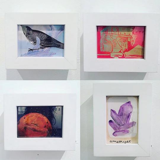 Four original scienceart trading cards from their annual fundraiser where artists donate small works to support the gallery. A complete archive of these cards from years past is online and many are still available for sale. Interested in purchasing one? Email the gallery . Credit : Hayley Gillespie Art.Science.Gallery