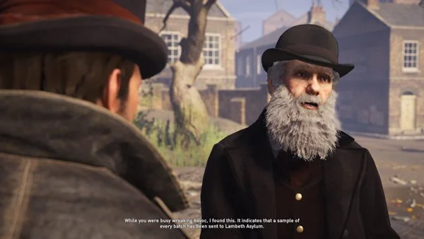 Discussing conspiracies surrounding quack cough syrup elixir leads to a confrontation with Sir Richard Owen. Credit: Ubisoft