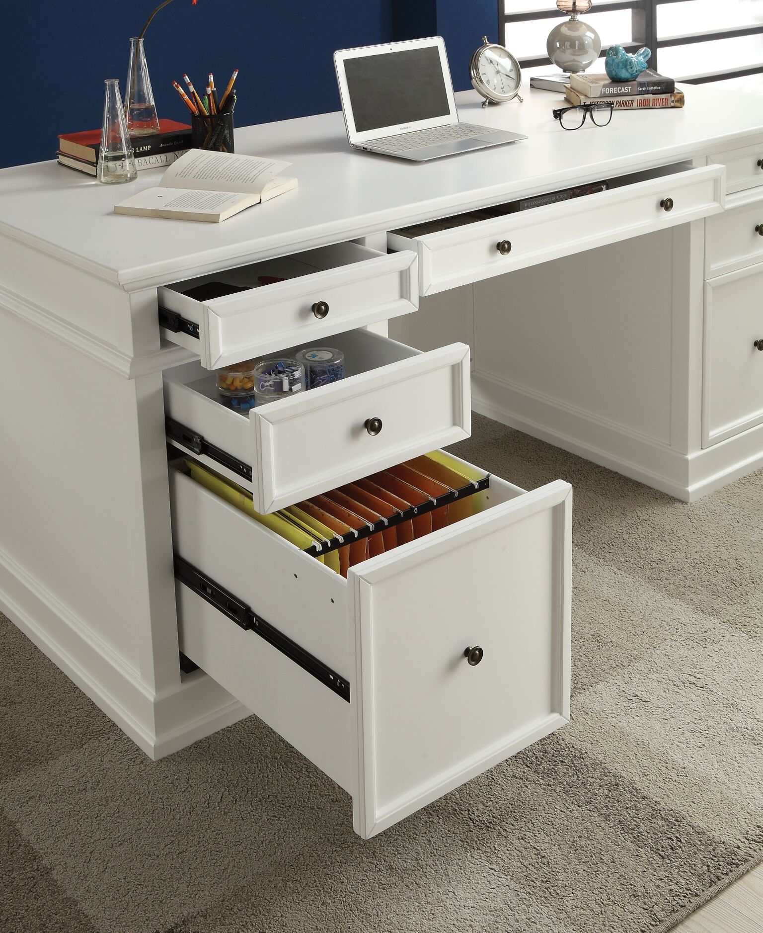 Daiki Desk White Wooden With, Desk Filing Cabinet White