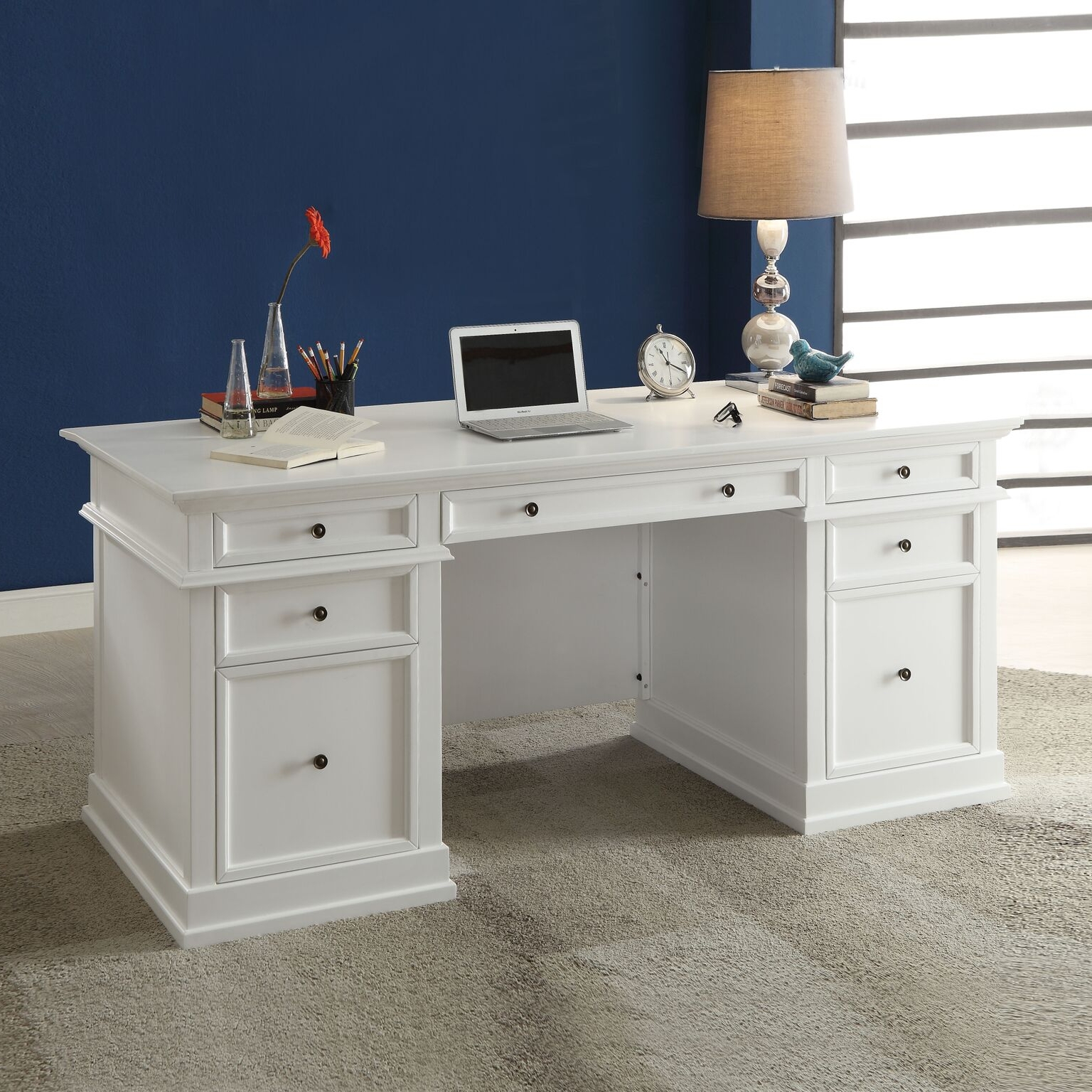 Daiki Desk White Wooden Desk With Drawers File Cabinet Casa