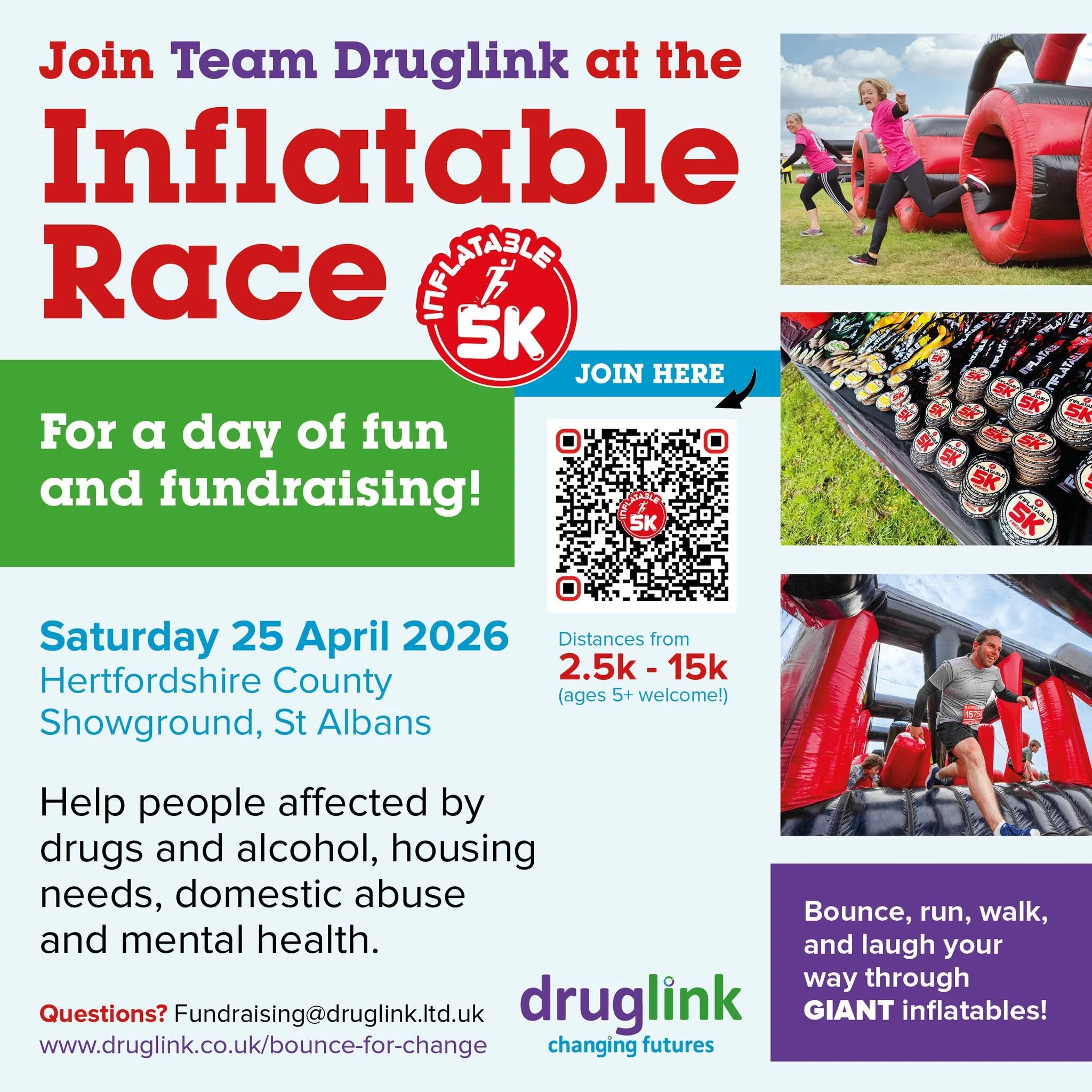 Bounce for Change with Team Druglink! 💜💙💚

We&rsquo;re taking on the Inflatable Race and we&rsquo;d love you to join us! 
Bounce, run or walk your way through giant inflatables for a brilliant day of fun and fundraising.

📍 Hertfordshire County S