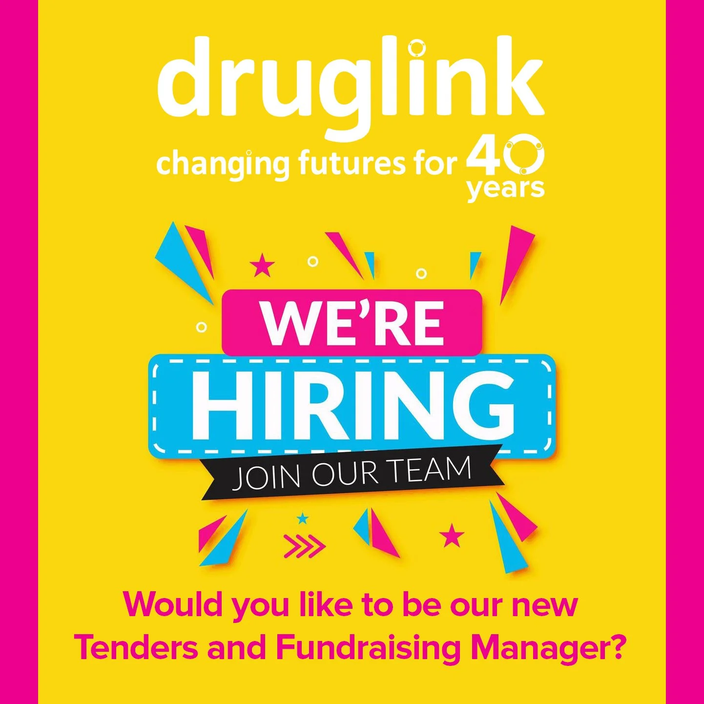 We&rsquo;re Hiring: Tenders and Fundraising Manager
Join Druglink at an exciting time of growth, rebrand, and impact.

Location: Hemel Hempstead office (with flexible home working)
Salary: &pound;29,000 - &pound;33,000 (depending on experience)
Full-